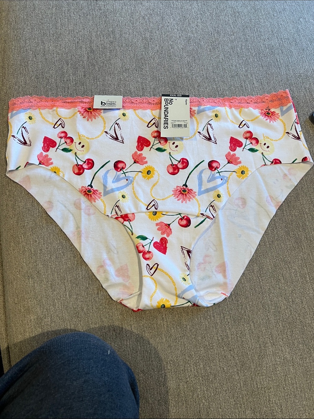 No Boundaries White Bikini Briefs with Cherry & Floral Print and Pink Trim